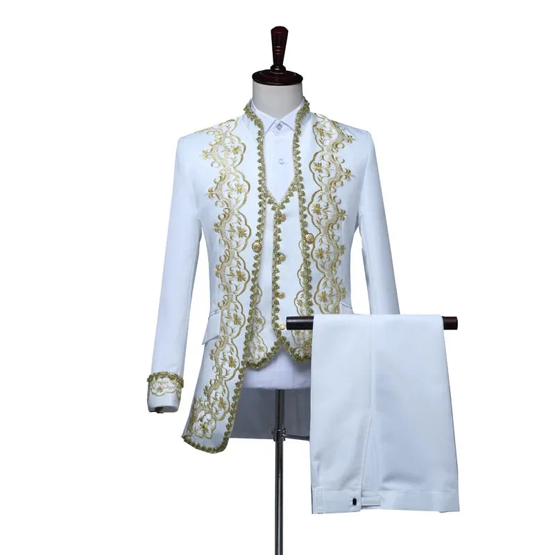 European Gold Vintage Tuxedo Men's Suit 3-Piece, Black Opera,Stage Performance Costume,White Men Sets S,M,L,XXL,3XL,4XL