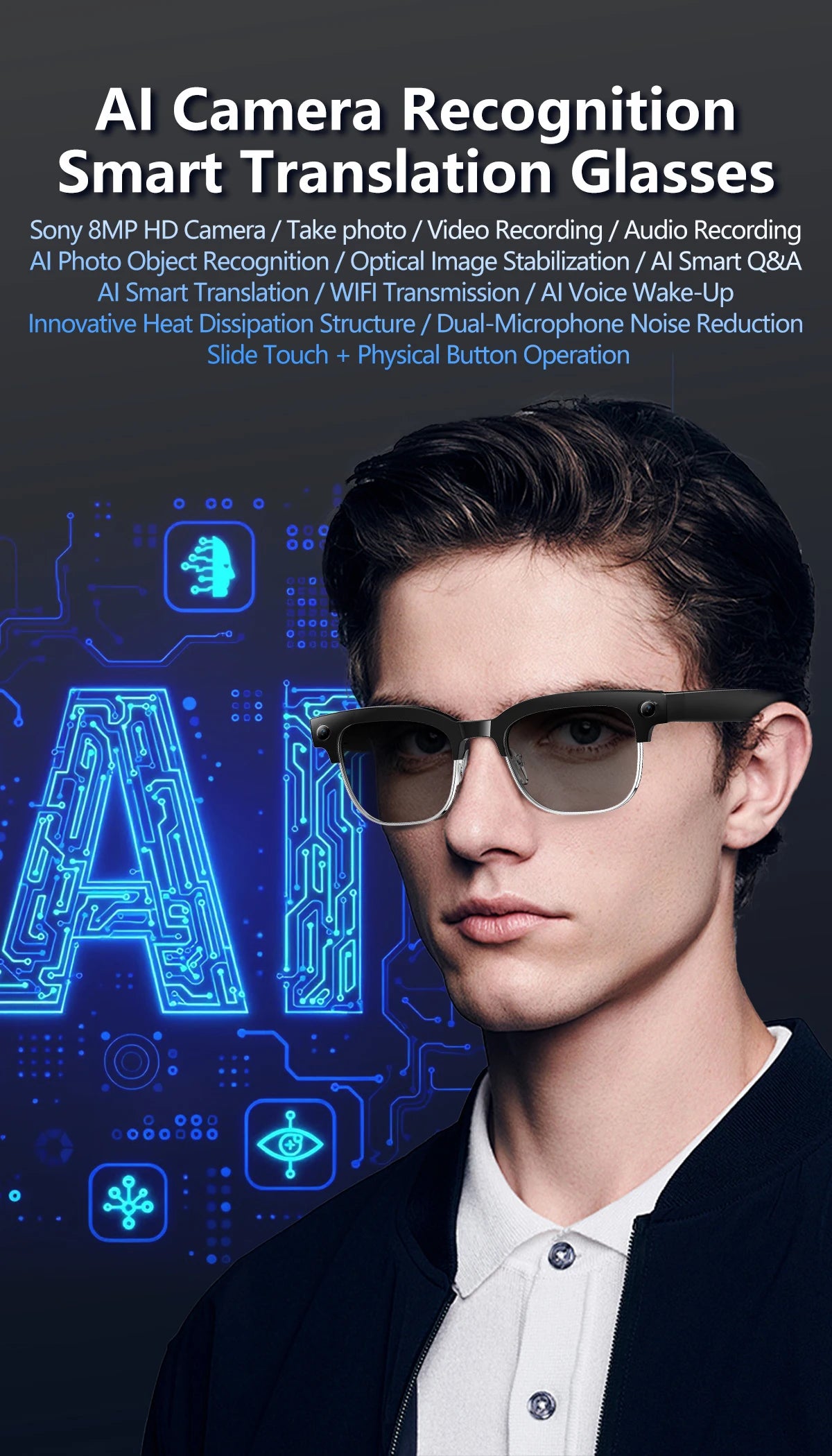 New 1080P Anti-shake Video Recording 800W HD Smart Glasses Men 100+Language Translation WIFI Transmission Call AI Chat Glasses