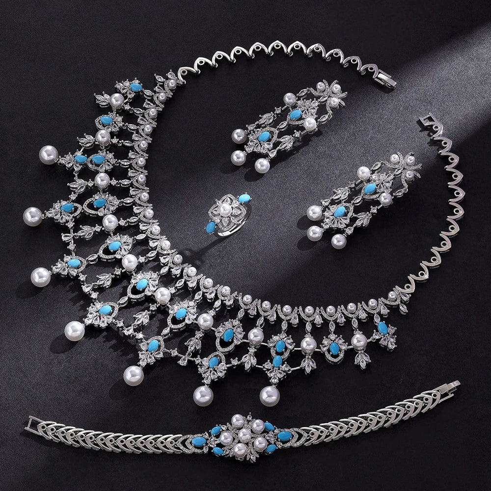 2024 New Pearl Jewelry Sets For Women Wedding Party Accessories Luxury CZ Dubai African 4-piece Bridal Jewelry Set