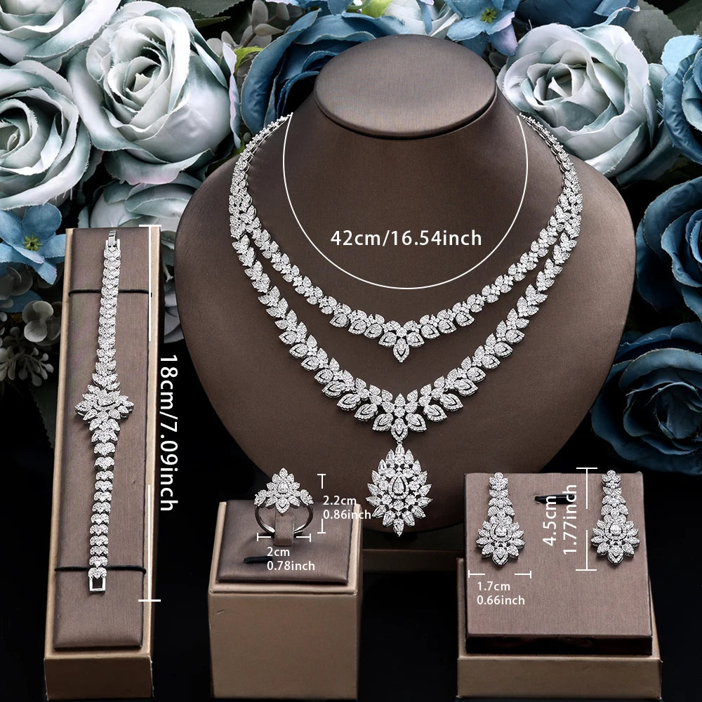 Fashion Zirconia UAE Dubai Bridal Jewelry Set For Women Double Layer Wedding Necklace Set 4pcs Jewelry Accessories