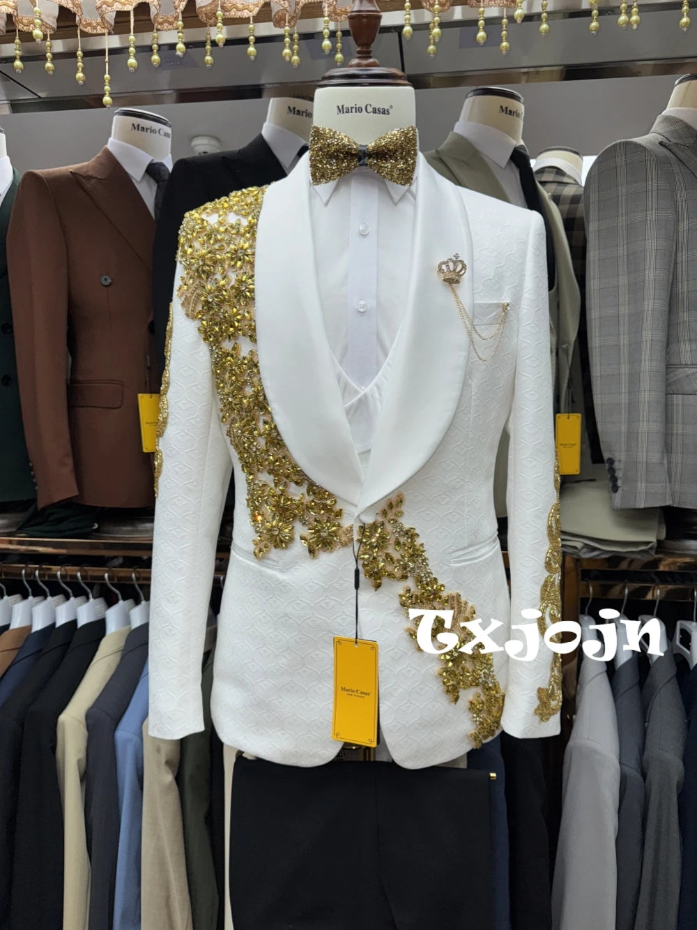 New Arrival Golden Beaded Men's Suits 3 Pieces Wedding Groom Sets Ellegant Jacquard Suit Set For Men Banquet Party Tuxedo