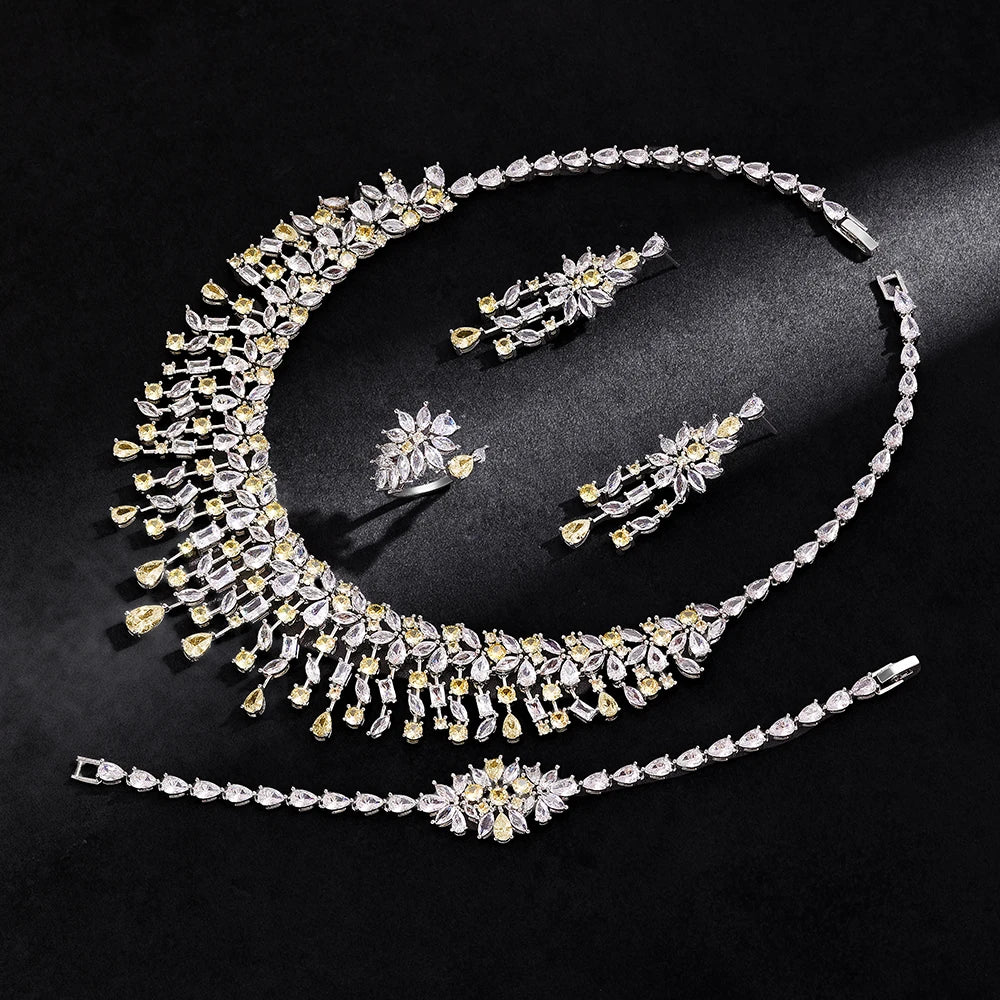 Luxury 4pcs Bridal Wedding Jewelry Set Cubic Zirconia Dubai Tassels Necklace Earrings Sets for Women Party Dress