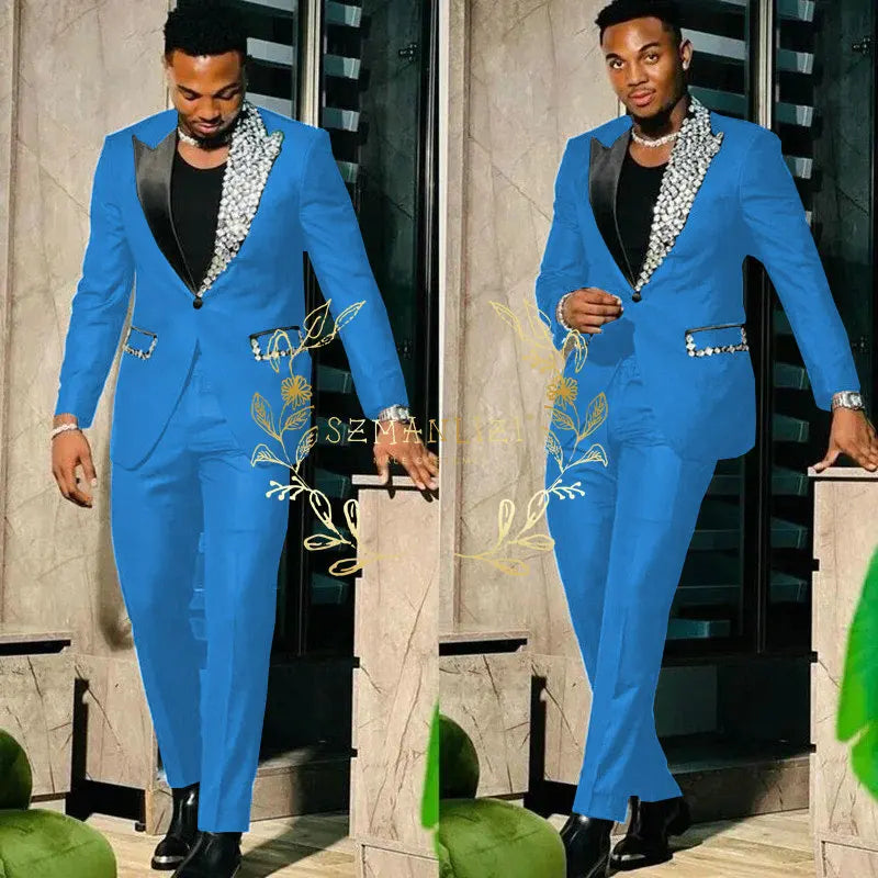 Black Suits for Men Slim Fit Single Breasted Peak Lapel Blazer High Quality Crystal Prom Party 2 Piece Jacket Pants Sets Terno