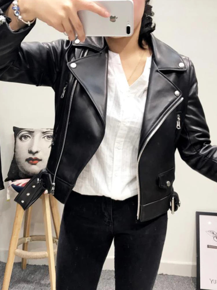 Ailegogo Spring Autumn Women Moto Biker Black Pu Fuax Leather Jacket Streetwear Female Belt Zipper Slim Fit Short Coat Outwear