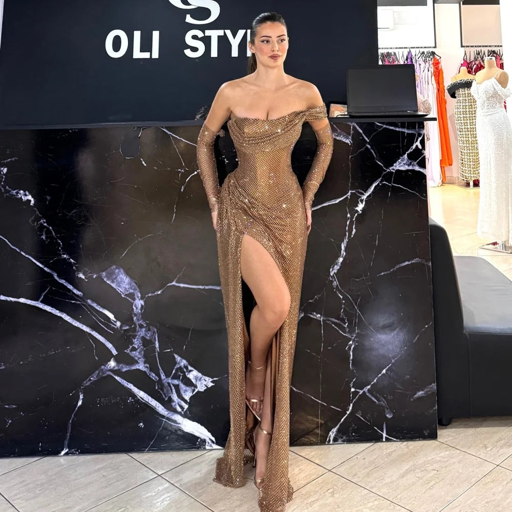 Bella Customized Champagne Side Slit robes de soirée One Shoulder Sequins Sleeveless Evening Dresses Floor-Length Wedding Dress