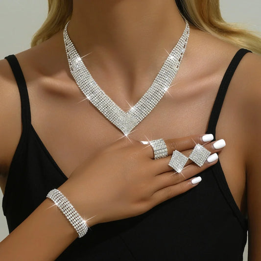 2025 New Middle East Hot Selling Four Piece Set Fashionable Silver Color Necklace Bracelet Ring Jewelry Set Bridal  Accessories