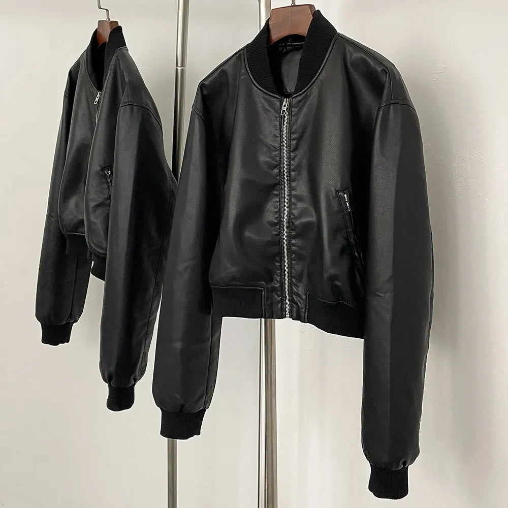 Autumn and winter new leather solid color short coat retro style short zipper cardigan casual all match leather jacket female