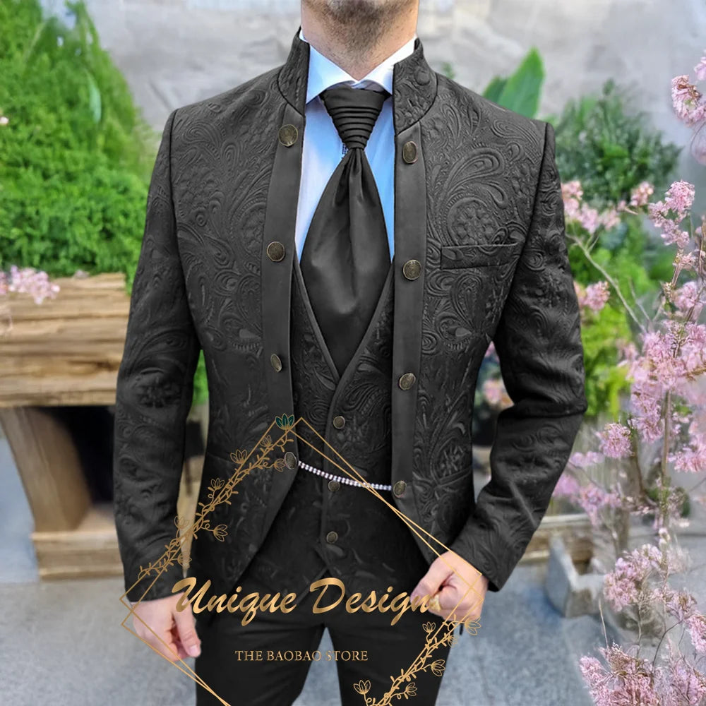 Black Jacquard Men's 3-Piece Deluxe Custom Jacket Vest Pants Slimming Set for Wedding Groom Banquet Prom Party Custom Tuxedo
