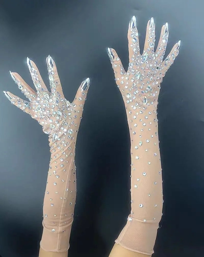 Luxurious Stretch Rhinestone Gloves WomenSparkling Crystal Mesh Long Perspective GlovesDancer Singer Stage Wear Accessories  7G