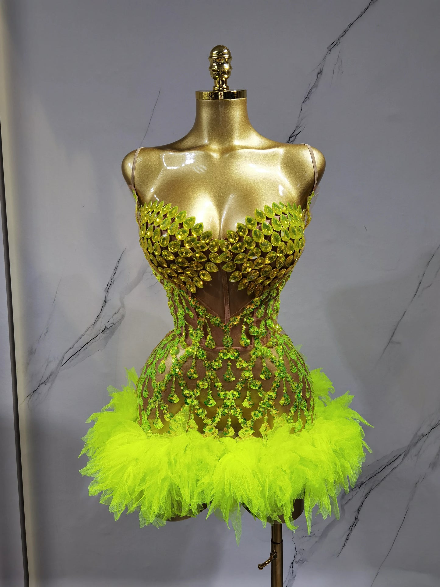Fluorescent yellow Rhinstone Mesh tube top evening dress sing Gala Elegant Women Party Birthday Special Ocassion Sexy costume