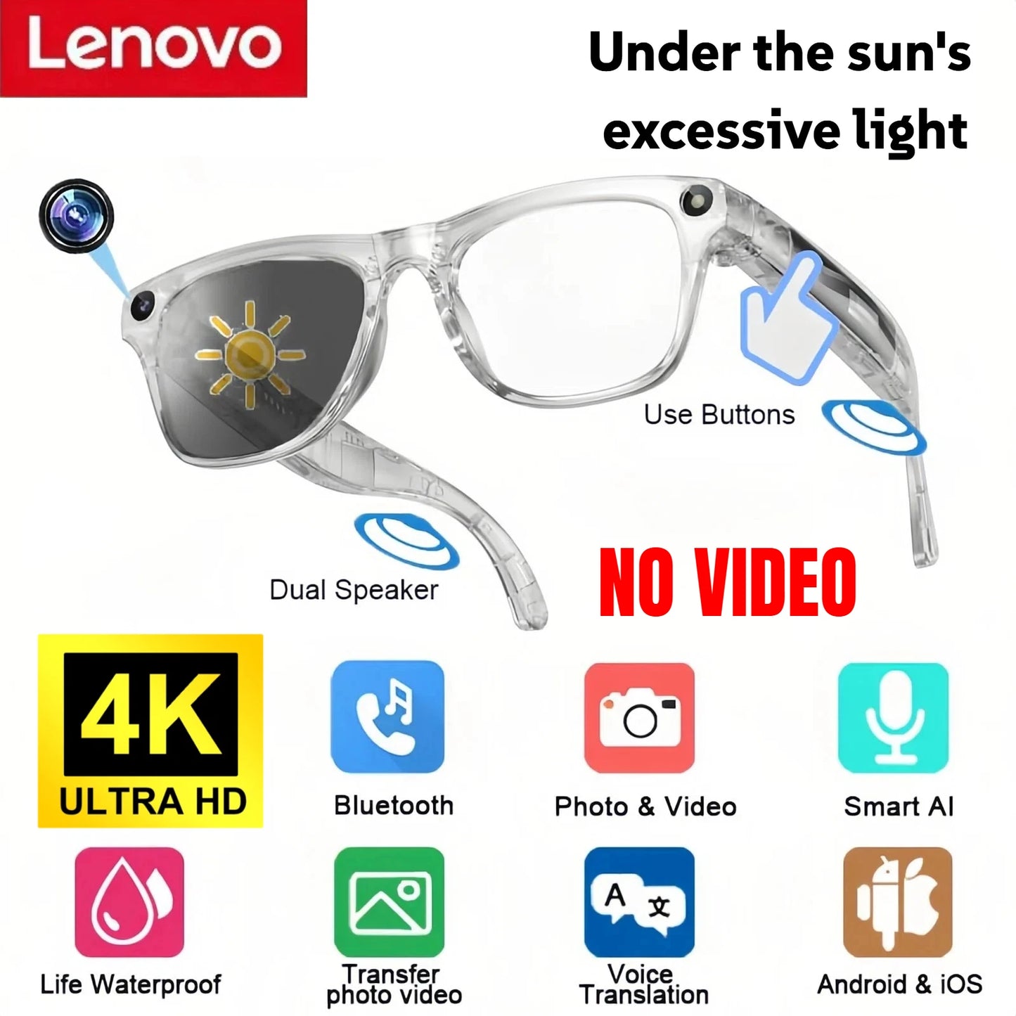 Lenovo 8K 4K AI HD Shooting Smart Glasses Multifunctional Camera Bluetooth Call Music VoicePlayer Translate Photochromic Glasses