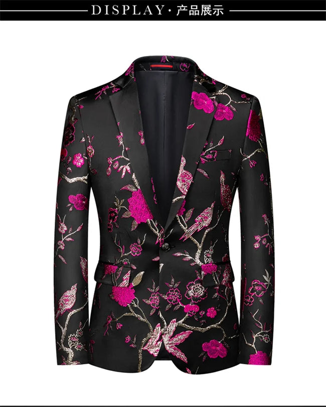 New Men Fashion Trend Wedding Party Jacquard Suit Jacket Single-breasted Slim Blazer Singer Host Stage Performance Dress Coats