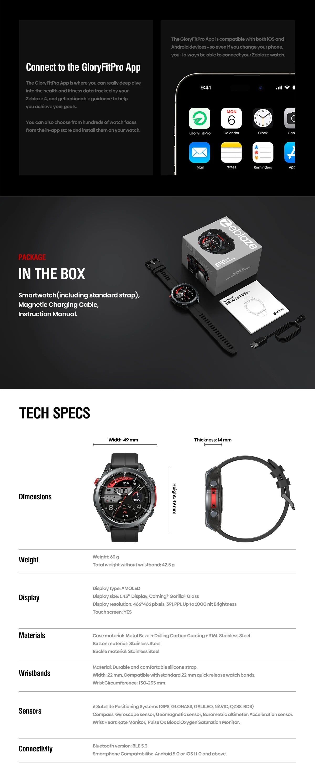 NEW Zeblaze Stratos 4 GPS Smart Watch 1.43 AMOLED Display Built-in Compass Barometric Altimeter Flashlight Voice Call Smartwatch