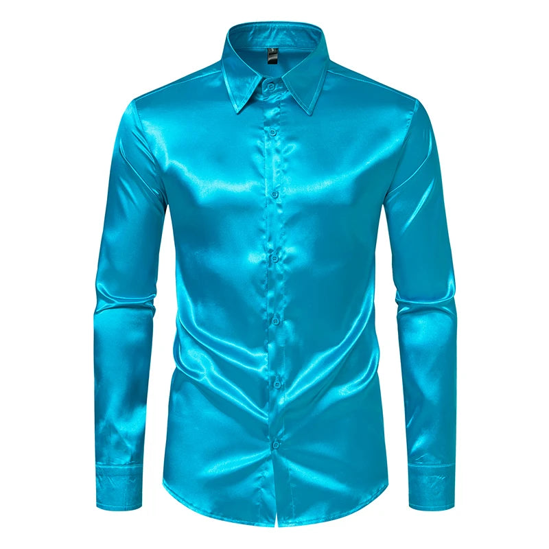 Men's Black Satin Luxury Dress Shirts Fashion Silk Smooth Tuxedo Shirt Solid Wedding Party Prom Casual Shirt Business Office