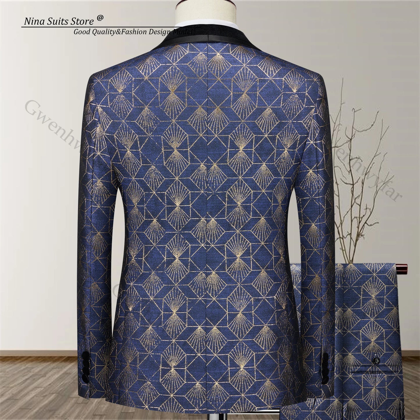Gwenhwyfar High-end Woven Gold Jacquard Men Suit Navy Luxury Fashion Men's Suit 2-piece Formal Party Tuxedo for Man Shawl Lapel