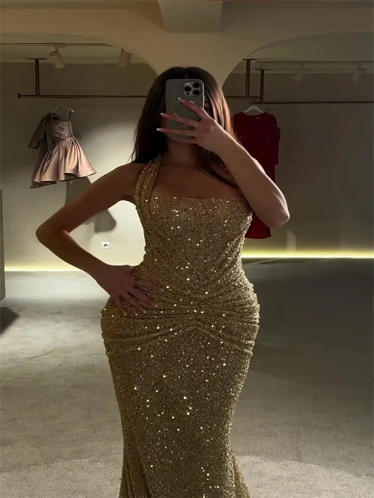 Women's Gold Sequin Halter Gown Square Neck Ruched Detail Mermaid Train Slim Fit Elegant Evening Party Formal Lady Fashion Dress