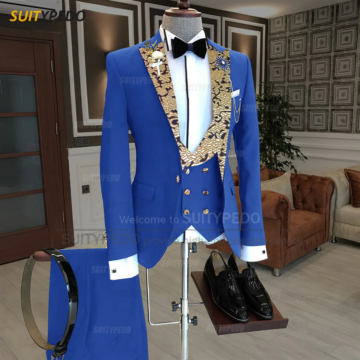 Luxury Men Suits Gold Printed Collar Formal Prom Male Elegant Costume Jacket Vest Pants 3 Pieces Wedding Party Fashion Tuxedos