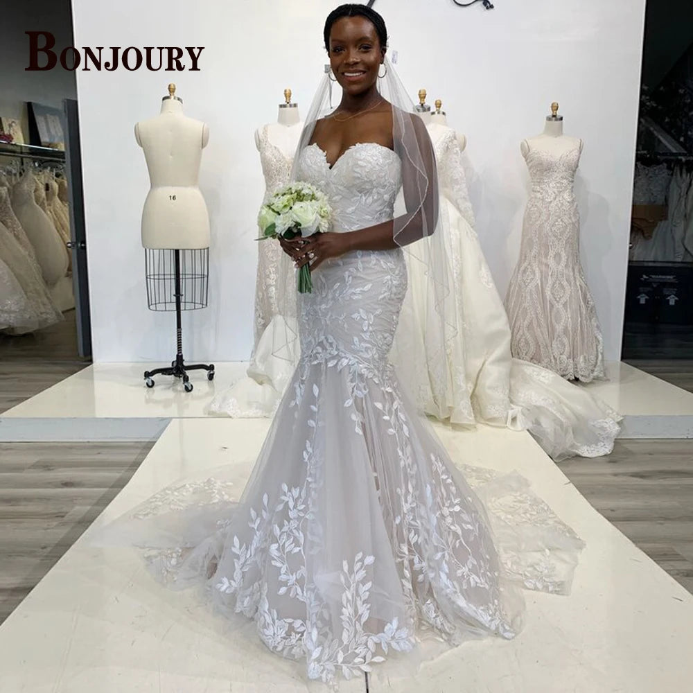 BONJOURY Charming Wedding Dress Mermaid Appliques Button Off the Shoulder Court Train Vestidos De Novia Brautmode Customized