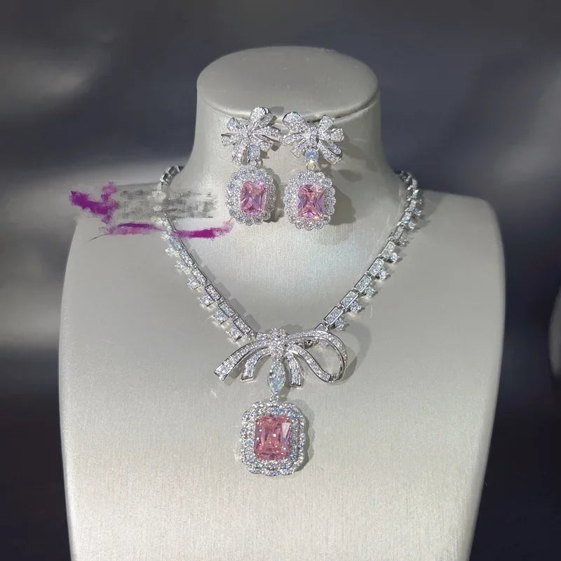 Charm Flower Lab Diamond Jewelry Set 14K White Gold Engagement Wedding Earrings Necklace for Women Bridal Promise Gift