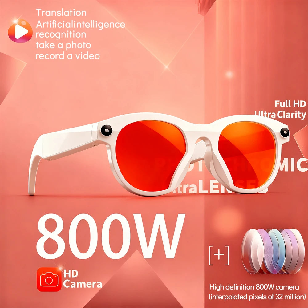 New Smart Glasses Men 8MP Camera WiFi Bluetooth Touch Control IP65 Waterproof AI Translation Noise Cancelling AI Glasses Women