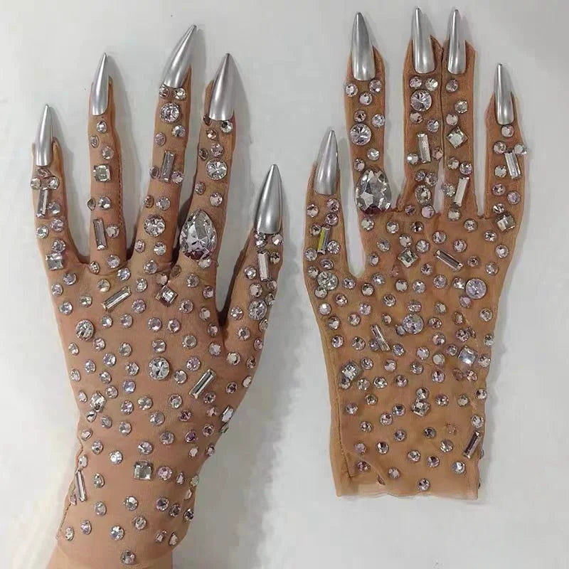 Luxurious Stretch Rhinestone Gloves WomenSparkling Crystal Mesh Long Perspective GlovesDancer Singer Stage Wear Accessories  7G