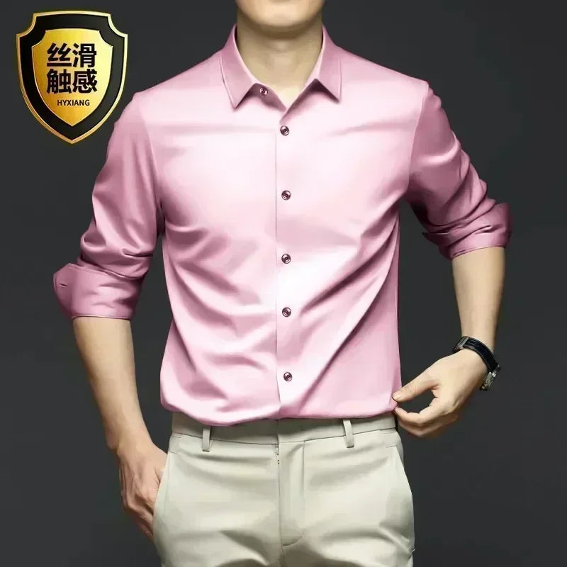 S-6XL Men's Long Sleeve Shirt Luxury Wrinkle Resistant Pure White Shirt Business Dress Casual Ice Silk Glossy Shirt