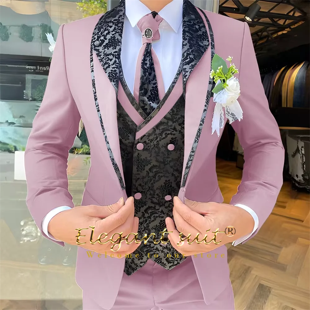 Men's 3-Piece Suit Set, Black Jacquard Vest, Contrast Style, Suit, Vest & Trousers, Weddings & Celebrations Choice
