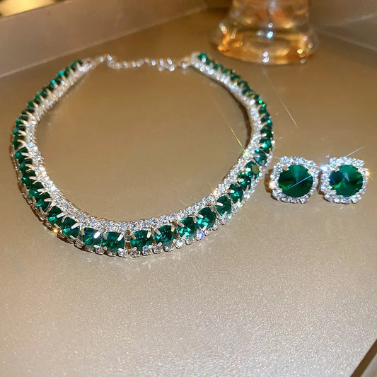 Luxury Green Rhinestone Necklace Stud Earrings For Women Crystal Choker Necklaces Ladies Fashion Weddings Banquet Jewelry Set