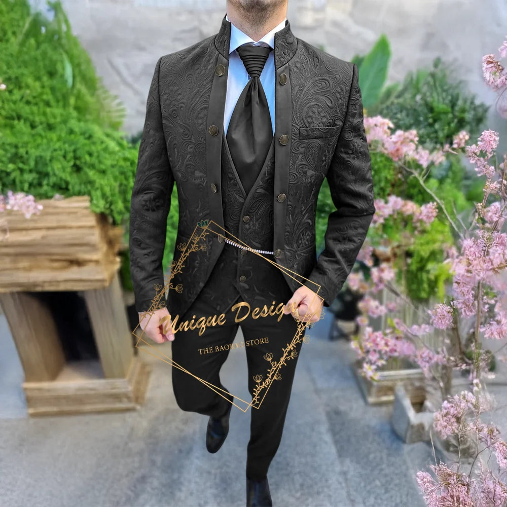 Black Jacquard Men's 3-Piece Deluxe Custom Jacket Vest Pants Slimming Set for Wedding Groom Banquet Prom Party Custom Tuxedo