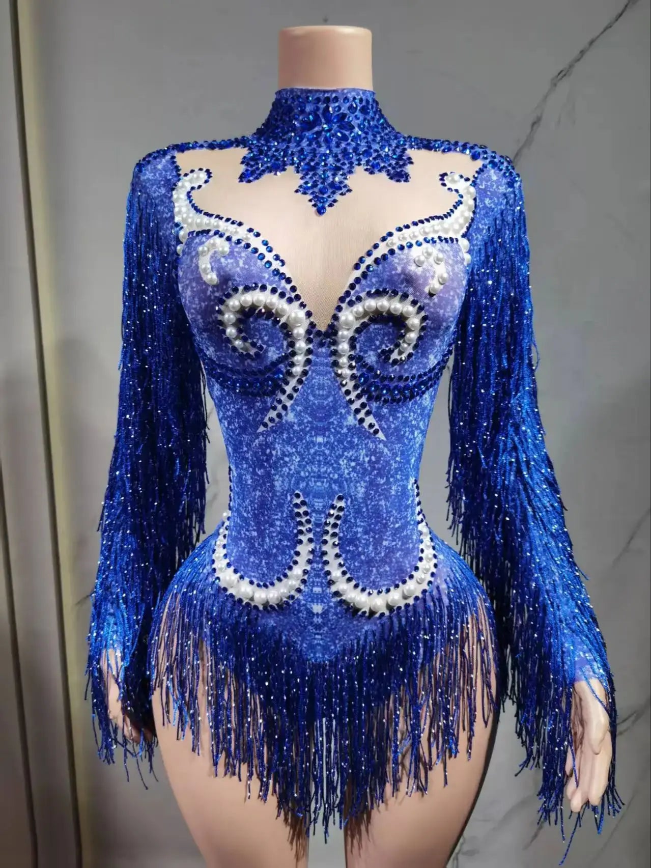 Luxury Gray Fringe Silver Rhinestones Pearls Transparent Bodysuit Women Dance Show Costume Birthday Party Outfit