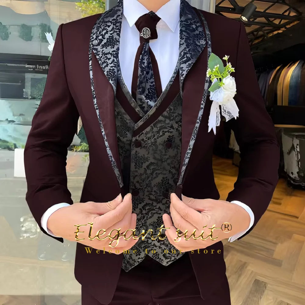 Men's 3-Piece Suit Set, Black Jacquard Vest, Contrast Style, Suit, Vest & Trousers, Weddings & Celebrations Choice
