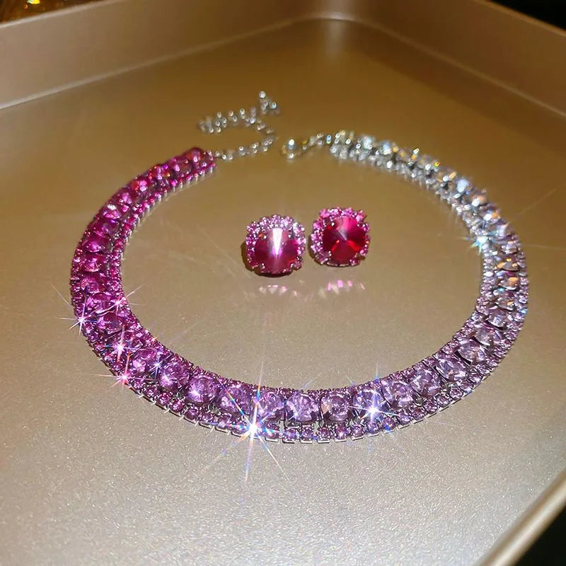 Luxury Green Rhinestone Necklace Stud Earrings For Women Crystal Choker Necklaces Ladies Fashion Weddings Banquet Jewelry Set