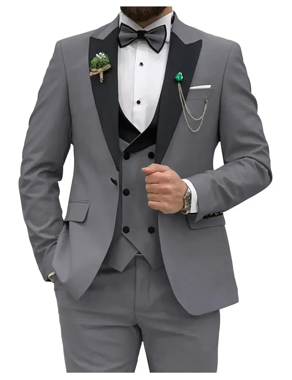 Slim Fit Men Suits Double Groom Formal Business Male Blazer Set Peak Lapel Party Wedding Tuxedo (Jacket+Vest+Pants)