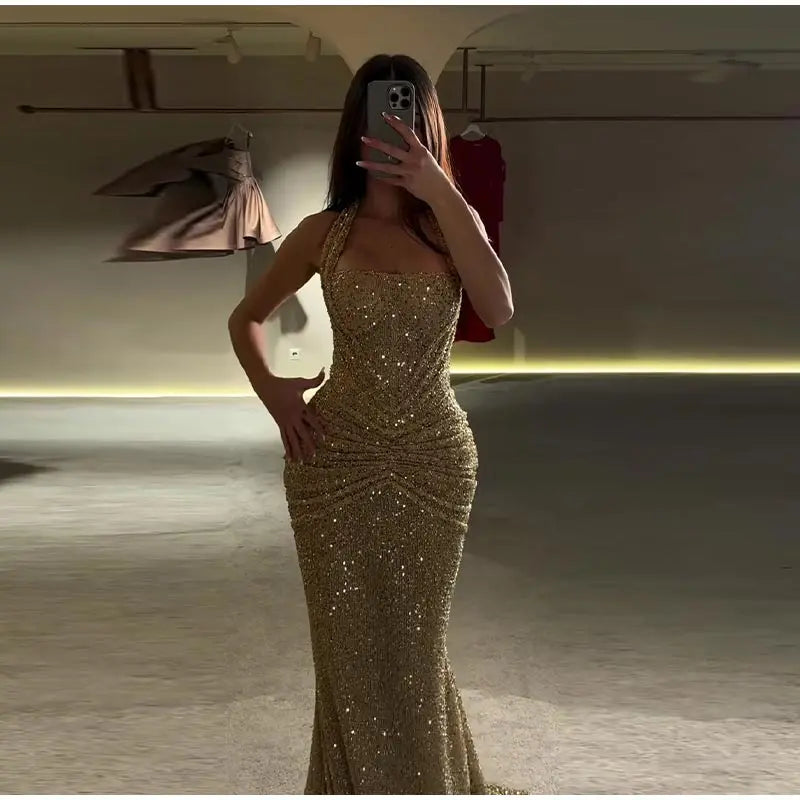 Women's Gold Sequin Halter Gown Square Neck Ruched Detail Mermaid Train Slim Fit Elegant Evening Party Formal Lady Fashion Dress