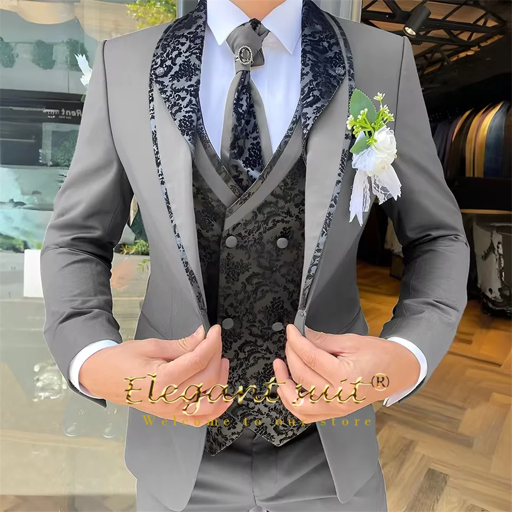 Men's 3-Piece Suit Set, Black Jacquard Vest, Contrast Style, Suit, Vest & Trousers, Weddings & Celebrations Choice