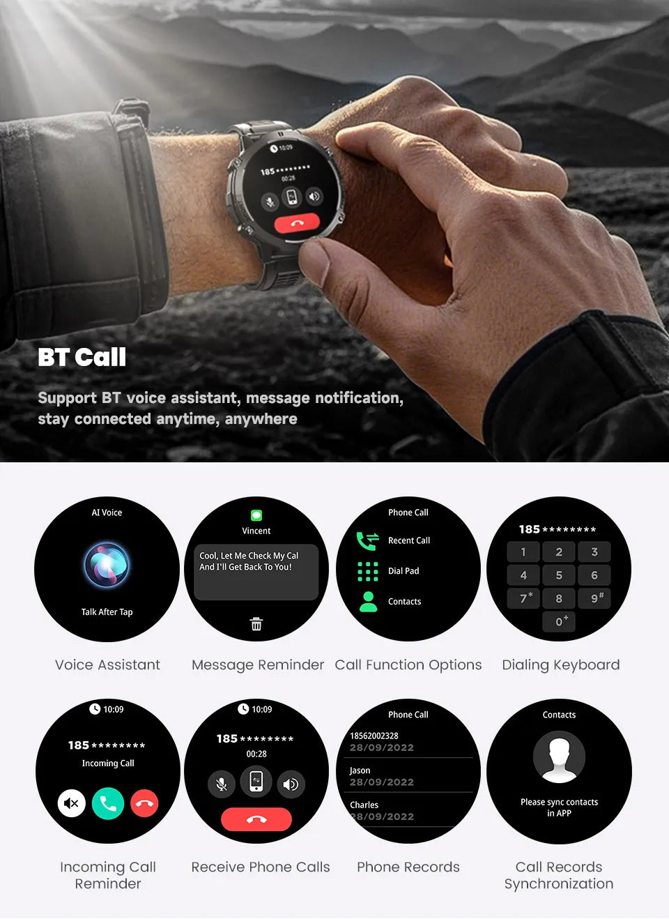 New Outdoor 1000mAh Battery Men Adult Smart Watch GPS Compass Altimeter 10ATM Waterproof Heart Rate BT Call Sport Man Smartwatch