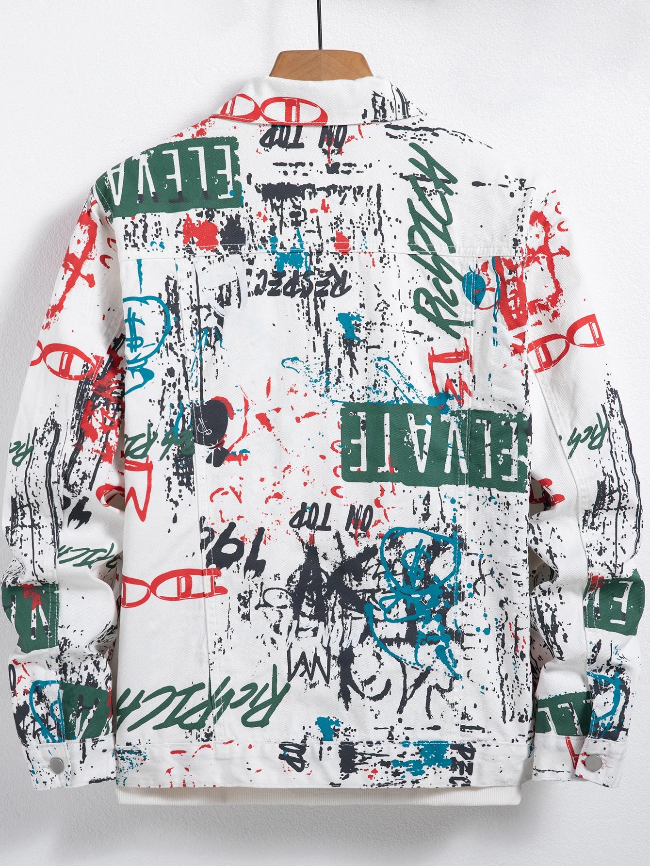 Men's spring-summer graffiti print denim jacket, regular size. Stylish street style.