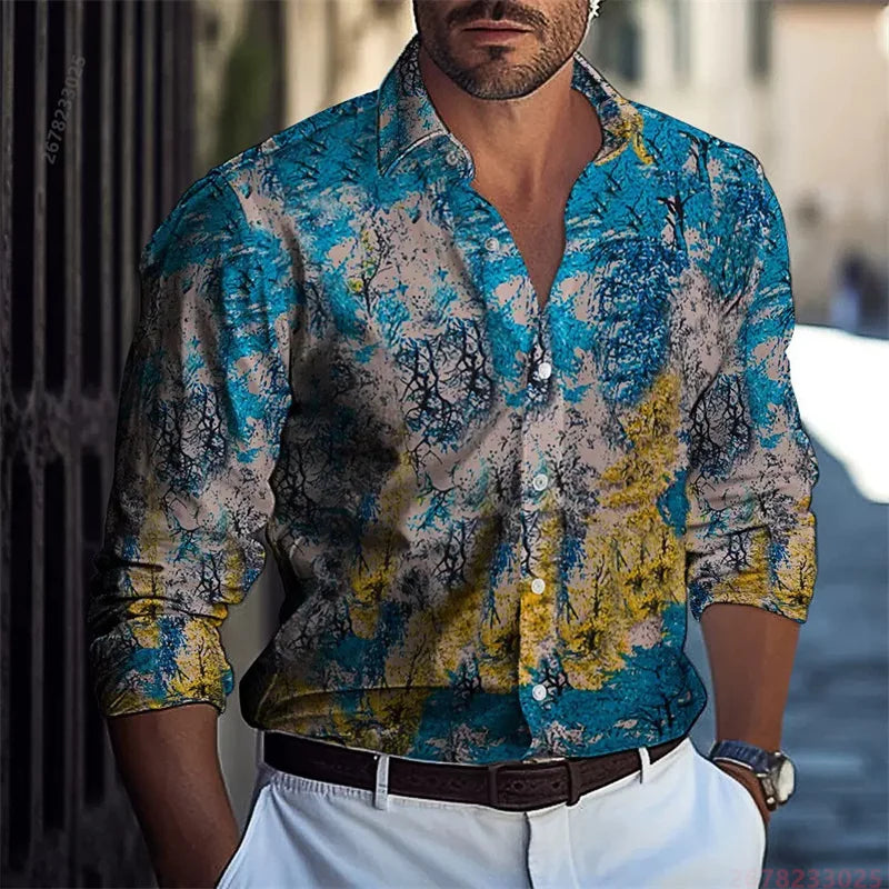 2026 New Colorful Sequin Print Long-Sleeve Shirt for Men, Trendy and Unique Colorful Casual Collared Cardigan Party Top