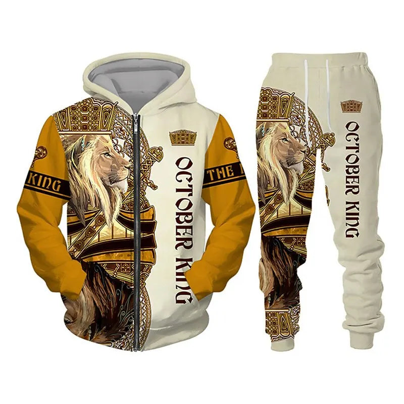 Men's Zip Hoodie Tracksuit Full Hoodies Set Lion Graphic Zipper 2 Piece Hooded Sports Outdoor Casual Sports 3D Print Streetwear