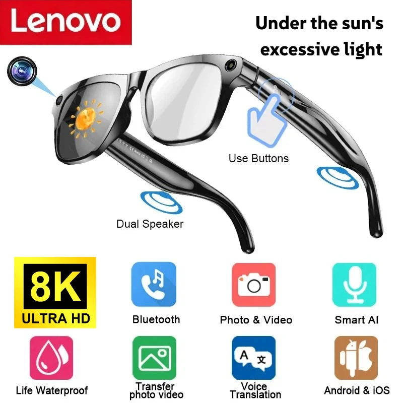 Lenovo 8K 4K AI HD Shooting Smart Glasses Multifunctional Camera Bluetooth Call Music VoicePlayer Translate Photochromic Glasses