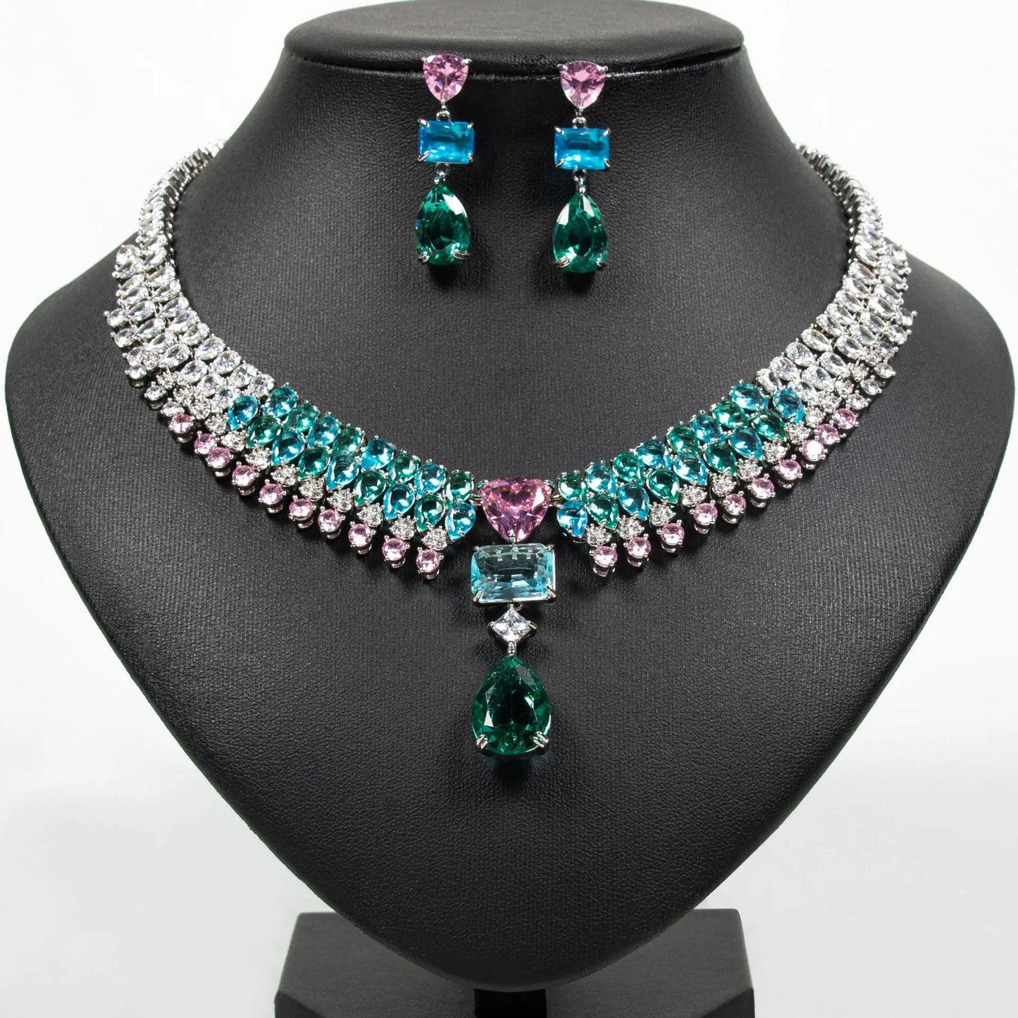 Luxury Multi-colour Jewellery Teardrop Zirconia Women's Summer Necklace Earrings Accessory Set Party Prom Dinner Festivals M-355