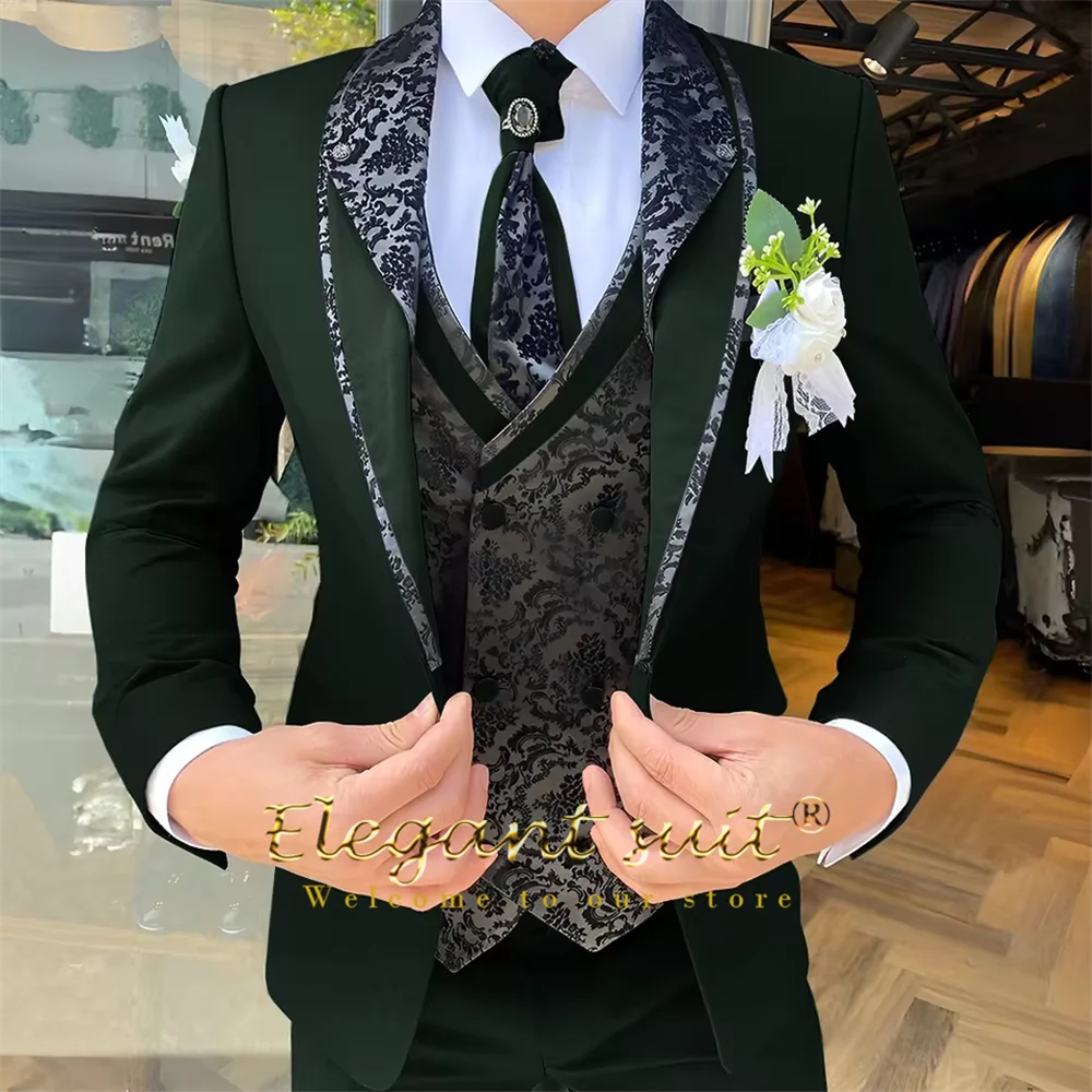 Men's 3-Piece Suit Set, Black Jacquard Vest, Contrast Style, Suit, Vest & Trousers, Weddings & Celebrations Choice