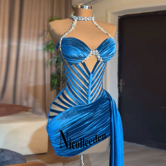 Nicolle Elegant Pleats Cocktail Dresses for Women Rhinestones Halter Sleeveless Party Gowns Vestidos De Festa Customized