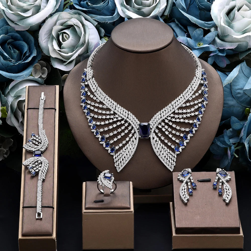 Luxury Women Wedding Jewelry Set Dubai Nigeria Bridal 4pcs Necklace Earrings Jewelry Set with White Zirconia