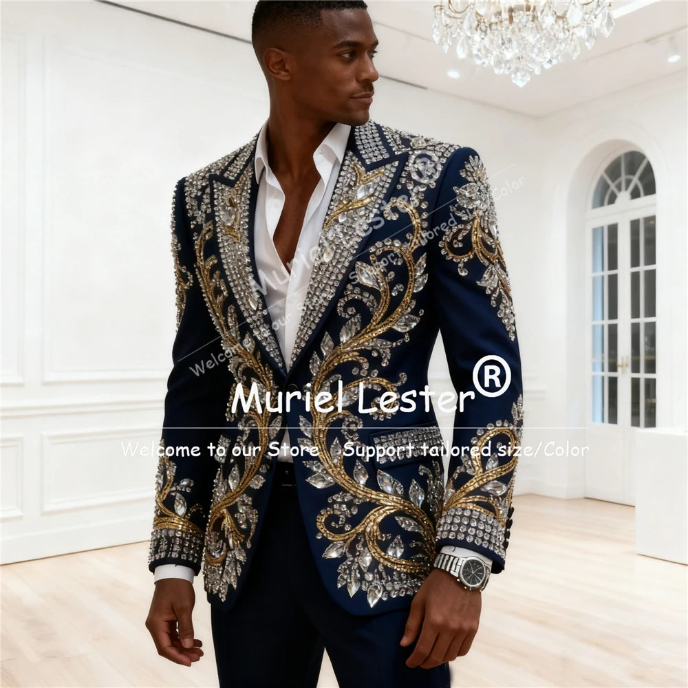 Diamond Beaded Stones Suit For Men 2 Pieces Sets Peaked Lapel Prom Blazer Customized Man Attire Formal Party Groom Tuxedo Luxury