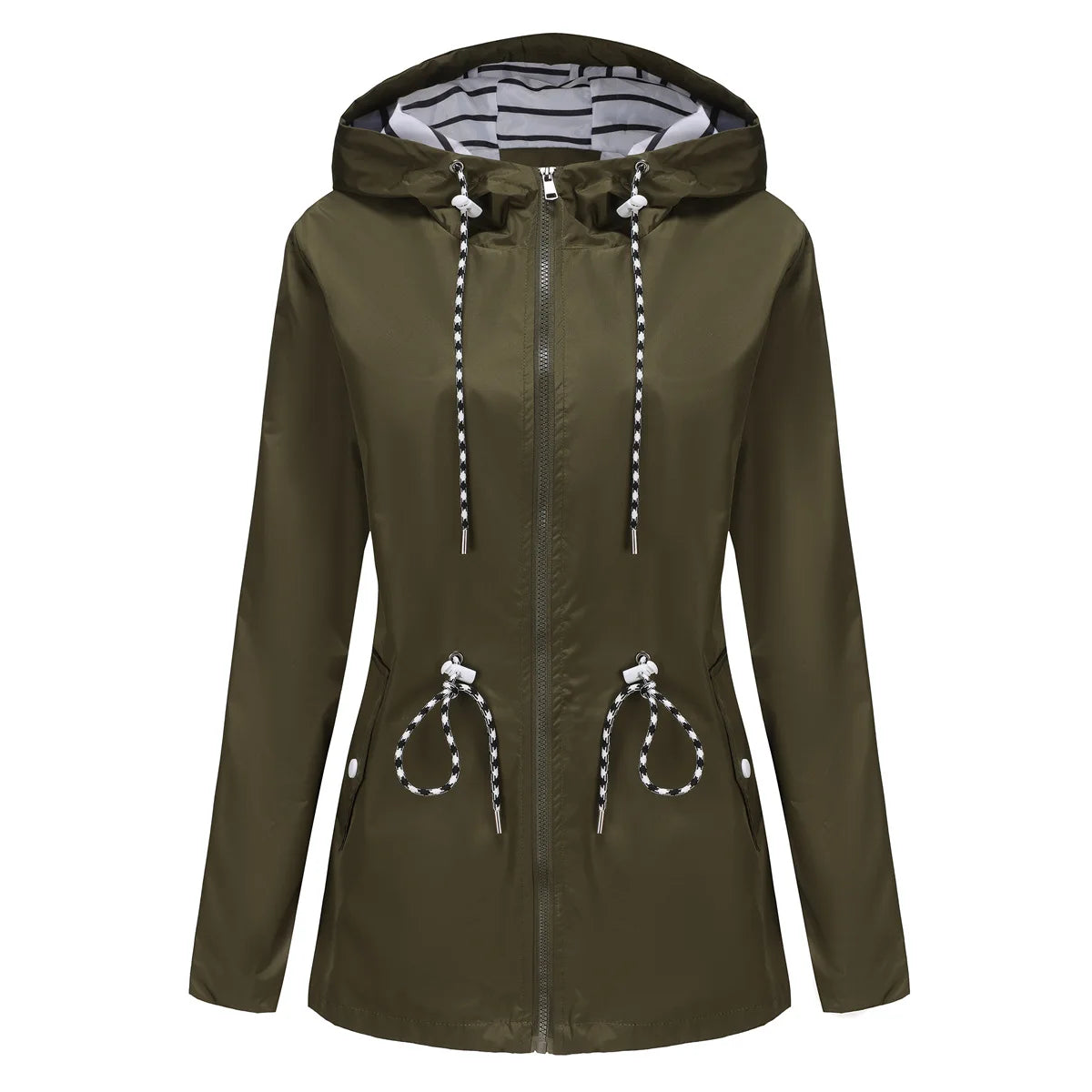 Red Waterproof Hooded Jacket, Women Fashion Casual Coat, Waist Drawstring Tie Zipper Switch Blue Green Yellow Black Windbreaker