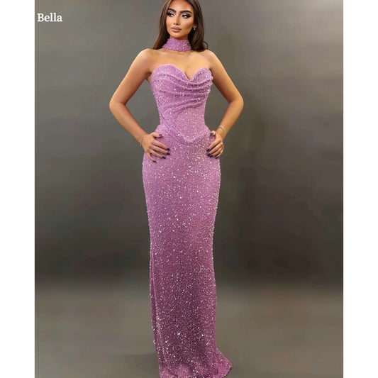 Bella Customize Pink Sequin Strapless Backless robes de soirée Sleeveless A-line Prom Dresses Floor-Length Wedding Dress 2025