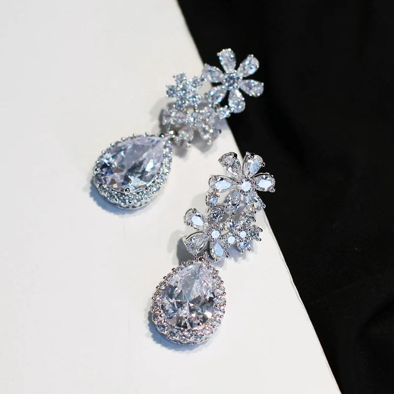 Charm Flower Lab Diamond Jewelry Set 14K White Gold Engagement Wedding Earrings Necklace for Women Bridal Promise Gift