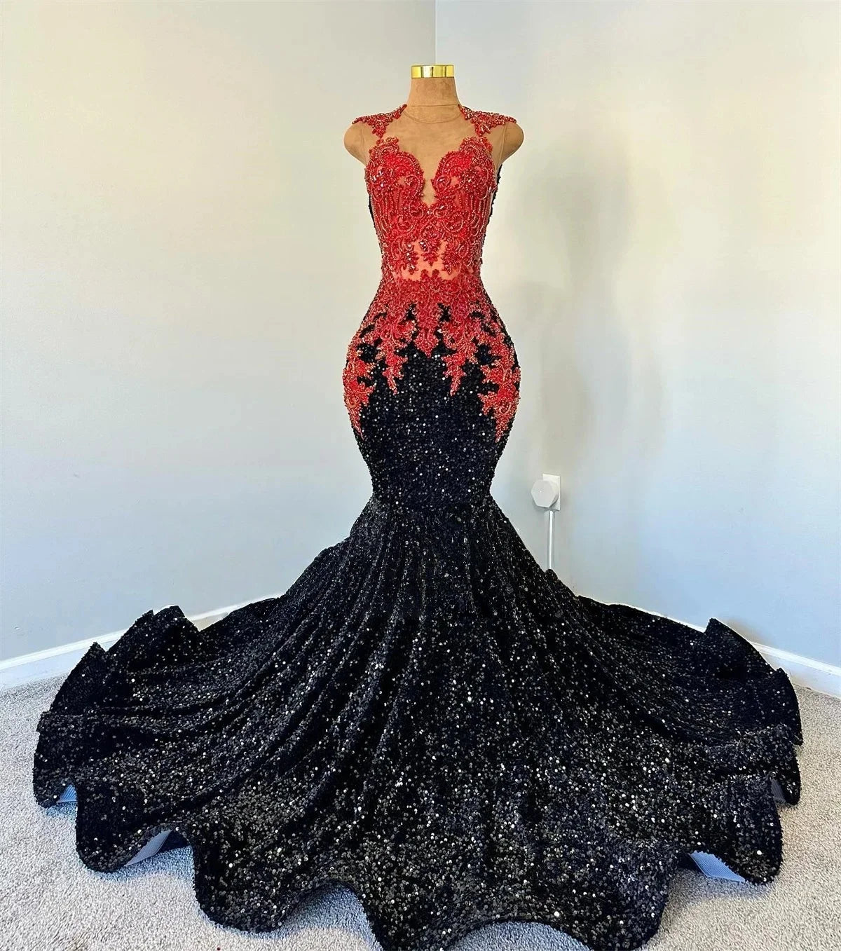 Sparkly African American Prom Dresses For Black Girls Mermaid Sheer Sequins Beaded Robe De Soiree Evening Gown Customized