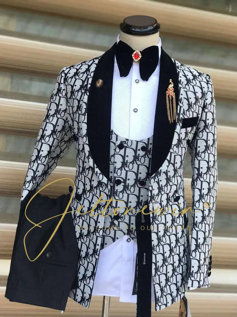 Blue Gold Jacquard Double Breasted Suit for Men Shawl Lapel Slim Fit Luxurious Fashion Statement Wedding Groom Stage Wear homme